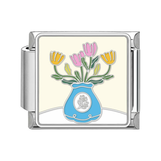 Blue vase with colorful daisies