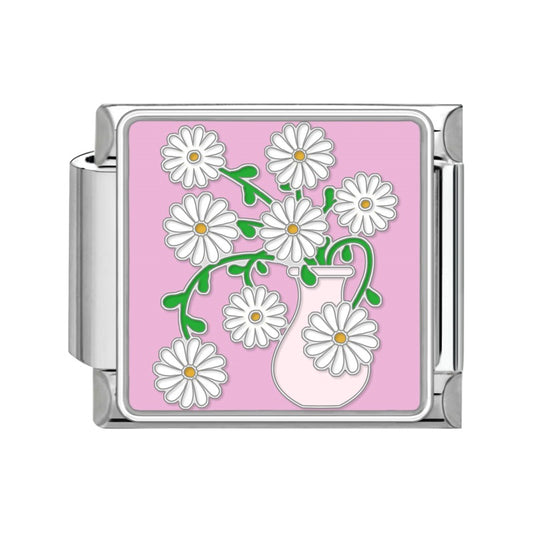 Pink vase with white daisies